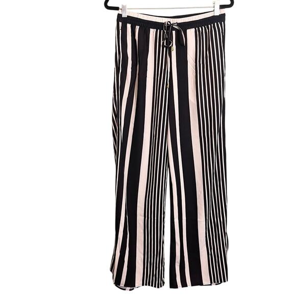 H&M Striped Drawcord Waist Straight Leg Pull-On Pants Black Size 10 - Picture 1 of 14